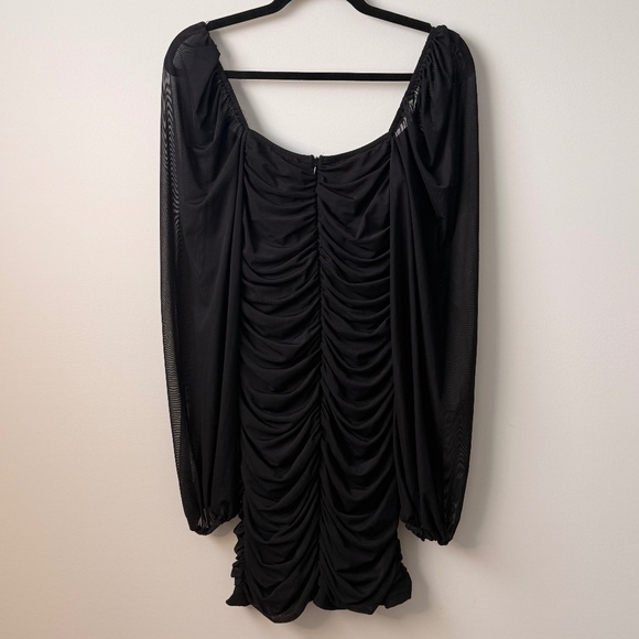 PrettyLittleThing Ruched Mesh Balloon Sleeve Mini Dress - Black - Picture 4 of 4